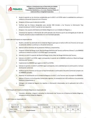 Políticas y Lineamientos para el Desarrollo de la Debida
Diligencia en Petróleos Mexicanos, sus Empresas
Productivas Subsi...