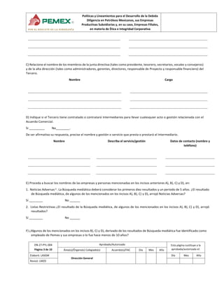 Políticas y Lineamientos para el Desarrollo de la Debida
Diligencia en Petróleos Mexicanos, sus Empresas
Productivas Subsi...