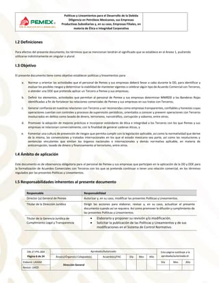 Políticas y Lineamientos para el Desarrollo de la Debida
Diligencia en Petróleos Mexicanos, sus Empresas
Productivas Subsi...