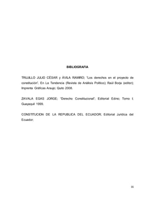 16
BIBLIOGRAFIA
TRUJILLO JULIO CÉSAR y ÁVILA RAMIRO; “Los derechos en el proyecto de
constitución”. En La Tendencia (Revista de Análisis Político); Raúl Borja (editor);
Imprenta Gráficas Araujo; Quito 2008.
ZAVALA EGAS JORGE; “Derecho Constitucional”; Editorial Edino; Tomo I;
Guayaquil 1999.
CONSTITUCION DE LA REPUBLICA DEL ECUADOR; Editorial Jurídica del
Ecuador;
 