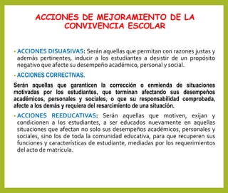 ACCIONES DE MEJORAMIENTO DE LA
CONVIVENCIA ESCOLAR
• ACCIONES DISUASIVAS: Serán aquellas que permitan con razones justas y
además pertinentes, inducir a los estudiantes a desistir de un propósito
negativo que afecte su desempeño académico, personal y social.
• ACCIONES CORRECTIVAS.
Serán aquellas que garanticen la corrección o enmienda de situaciones
motivadas por los estudiantes, que terminan afectando sus desempeños
académicos, personales y sociales, o que su responsabilidad comprobada,
afecte a los demás y requiera del resarcimiento de una situación.
• ACCIONES REEDUCATIVAS: Serán aquellas que motiven, exijan y
condicionen a los estudiantes, a ser educados nuevamente en aquellas
situaciones que afectan no solo sus desempeños académicos, personales y
sociales, sino los de toda la comunidad educativa, para que recuperen sus
funciones y características de estudiante, mediadas por los requerimientos
del acto de matrícula.
 
