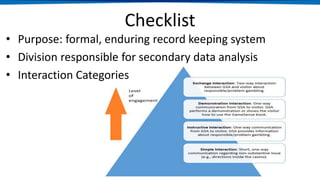 Checklist
• Purpose: formal, enduring record keeping system
• Division responsible for secondary data analysis
• Interaction Categories
 