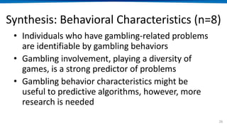 Synthesis: Setting Limits (n=5)
• Voluntary limit setting seems to be adopted by
few
• Limit setting might reduce gambling...