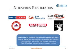 NUESTROS RESULTADOS

CASO DE ÉXITO (Comentario textual de un deudor del Chaco)
Muchas Gracias por su disposición y amabilidad para conmigo
y poder saldar a la brevedad esta deuda ¡¡ quedo a su
disponibilidad por cualquier otro motivo que requiera.

13/11/2013

www.debita.com

9

 