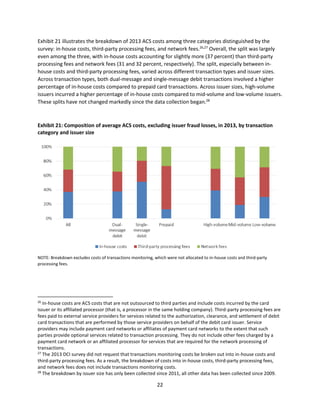 22
Exhibit 21 illustrates the breakdown of 2013 ACS costs among three categories distinguished by the
survey: in-house costs, third-party processing fees, and network fees.26,27
Overall, the split was largely
even among the three, with in-house costs accounting for slightly more (37 percent) than third-party
processing fees and network fees (31 and 32 percent, respectively). The split, especially between in-
house costs and third-party processing fees, varied across different transaction types and issuer sizes.
Across transaction types, both dual-message and single-message debit transactions involved a higher
percentage of in-house costs compared to prepaid card transactions. Across issuer sizes, high-volume
issuers incurred a higher percentage of in-house costs compared to mid-volume and low-volume issuers.
These splits have not changed markedly since the data collection began.28
Exhibit 21: Composition of average ACS costs, excluding issuer fraud losses, in 2013, by transaction
category and issuer size
NOTE: Breakdown excludes costs of transactions monitoring, which were not allocated to in-house costs and third-party
processing fees.
26
In-house costs are ACS costs that are not outsourced to third parties and include costs incurred by the card
issuer or its affiliated processor (that is, a processor in the same holding company). Third-party processing fees are
fees paid to external service providers for services related to the authorization, clearance, and settlement of debit
card transactions that are performed by those service providers on behalf of the debit card issuer. Service
providers may include payment card networks or affiliates of payment card networks to the extent that such
parties provide optional services related to transaction processing. They do not include other fees charged by a
payment card network or an affiliated processor for services that are required for the network processing of
transactions.
27
The 2013 DCI survey did not request that transactions monitoring costs be broken out into in-house costs and
third-party processing fees. As a result, the breakdown of costs into in-house costs, third-party processing fees,
and network fees does not include transactions monitoring costs.
28
The breakdown by issuer size has only been collected since 2011, all other data has been collected since 2009.
 