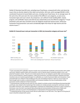 23
Exhibit 22 illustrates how ACS costs, excluding issuer fraud losses, compared with other costs borne by
issuers that are directly related to their debit card activities. ACS costs, which averaged $0.044 in 2013,
constituted 32 percent of overall debit card costs, including issuer fraud losses, for an average issuer. At
the same time, ACS costs were the most variable of the different cost categories, as seen across
transaction types and issuer volume. By comparison, non-sufficient funds handling (NSF), reward
program, and cardholder inquiry costs did not vary substantially across the different categories.29
Fraud-
prevention costs were also consistent across all categories except low-volume issuers, whose per-
transaction fraud-prevention costs were considerably higher than those for high-volume and mid-
volume issuers.30
Exhibit 22: Covered issuer costs per transaction in 2013, by transaction category and issuer size31
29
Costs associated with cardholder inquiries include costs associated with cardholder communication with a debit
card issuer related to specific debit card transactions, such as inquiries about transactions details, errors, and
potential fraudulent activity. These do not include inquiries that are not related to specific debit card transactions,
such as account balances, rewards programs, credit card transactions, and ATM transactions. Rewards and other
incentives costs are incentive payments given to cardholders as a result of particular debit card transactions. Costs
associated with non-sufficient funds handling are the costs of handling of events in which an account does not
have enough funds to settle an authorized debit card transaction between the time of authorization of that
transaction and the settlement of that transaction.
30
Fraud-prevention and data security costs are costs related to activities aimed at identifying and preventing debit
card fraud; costs related to the monitoring of the incidence of, reimbursements received for, and losses incurred
from debit card fraud; costs related to responding to suspected and realized debit card fraud in order to prevent or
limit losses; costs incurred in securing the data processing and communications infrastructure of debit card
operations; and costs incurred in the development or improvement of fraud-prevention technologies.
31
A substantial portion of low-volume issuers did not submit data on non-ACS costs. Thus, figures for this group of
issuers should be analyzed with caution.
 