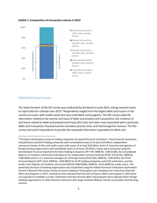 5
Exhibit 1: Composition of transaction volume in 2013
Debit Card Issuer Survey
The latest iteration of the DCI survey was conducted by the Board in early 2014, asking covered issuers
to report data for calendar year 2013.8
Respondents ranged from the largest debit card issuers in the
country to issuers with sizable assets but very small debit card programs. The DCI survey asked for
information related to the volume and value of debit and prepaid card transactions; the incidence of
and losses related to debit and prepaid card fraud; ACS costs and other costs associated with a particular
debit card transaction; fraud-prevention and data security costs; and interchange fee revenue. The DCI
survey instructed respondents to provide the requested information separately for debit card
8
The Board distributed surveys to holding companies of covered financial institutions. These financial institutions
included bank and thrift holding companies with consolidated assets of at least $10 billion; independent
commercial banks, thrifts, and credit unions with assets of at least $10 billion; and U.S. branches and agencies of
foreign banking organizations with worldwide assets of at least $10 billion. Assets were computed using the
Consolidated Financial Statements for Bank Holding Companies (FR Y-9C; OMB No. 7100-0128), the Consolidated
Reports of Condition and Income (Call Reports) for independent commercial banks (FFIEC 031 & 041; OMB No.
7100-0036) and for U.S. branches and agencies of foreign banks (FFIEC 002; OMB No. 7100-0032), the Thrift
Financial Reports (OTS 1313; OMB No. 1550-0023) for thrift holding companies and thrift institutions, and the
Credit Union Reports of Condition and Income (NCUA 5300/5300S; OMB No. 3133-0004) for credit unions. The
ownership structure of banking organizations was established using the Federal Financial Institutions Examination
Council’s National Information Center structure database. Participation was mandatory for institutions that had
debit card programs in 2013. Institutions that indicated that they did not have a debit card program in 2013 were
not required to complete a survey. Institutions that did not have debit card programs were typically either foreign
banking organizations or other financial institutions with large nonbank affiliates that do not provide retail banking
services.
 