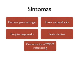 Sintomas
Demora para entregar Erros na produção
Projeto engessado Testes lentos
Comentários //TODO
refactoring
 