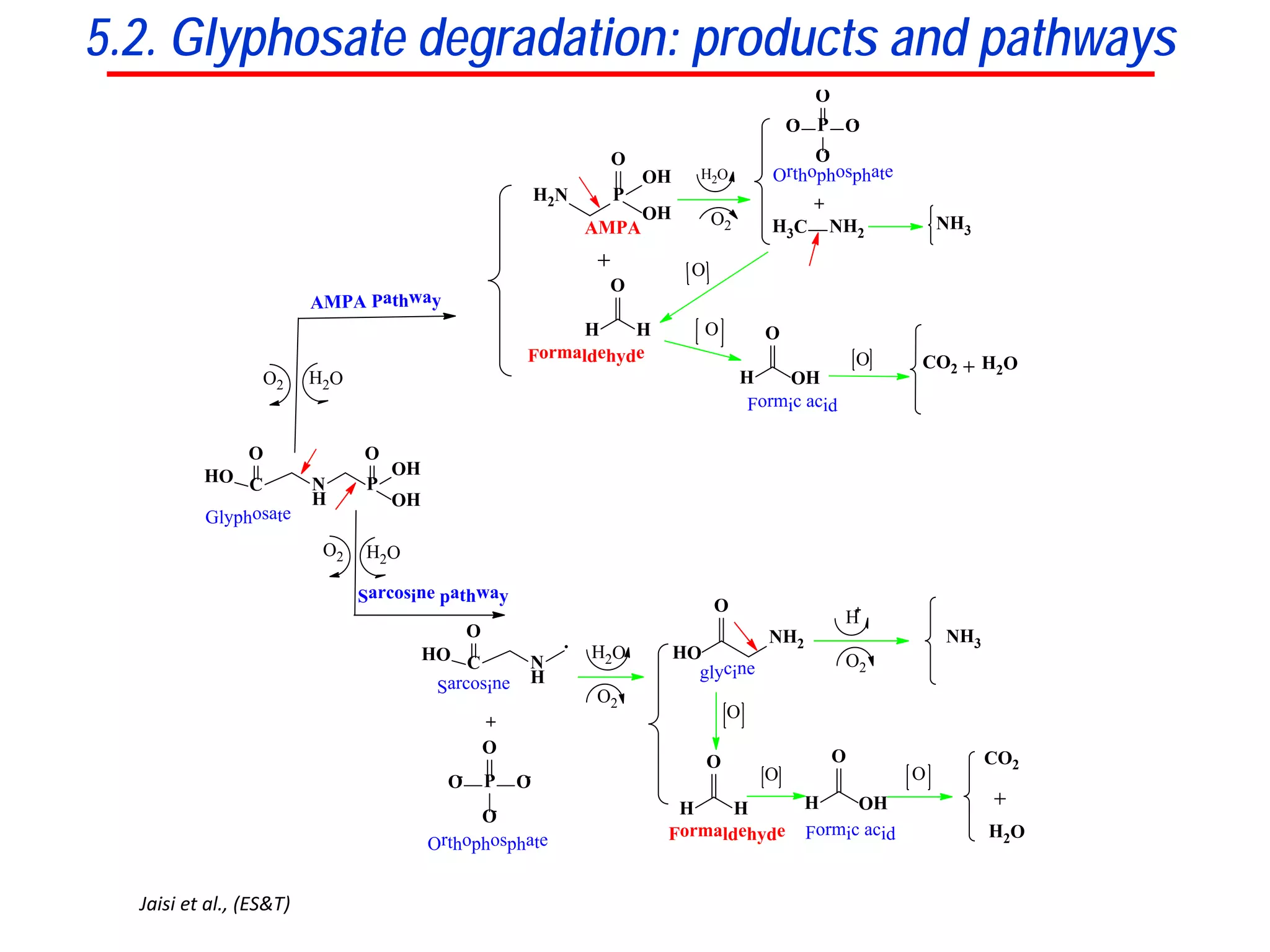 C N
H
P
OH
OH
OO
HO
AMPA Pathway
Sarcosine pathway
P
OH
OH
O
H2N
H H
O
H OH
O
Formic acid
AMPA
CO2 H2OO
H2O
O2
P
O
O
O
O
NH2
Formaldehyde
Orthophosphate
O
C N
H
O
HO
P
O
O
O
O
O2
O
HO
NH2
glycine
H OH
O
H H
O
Formaldehyde Formic acid
O
CO2
H2O
O2
H
NH3
O
Sarcosine
Orthophosphate
Glyphosate
H2OO2
H3C NH3
O
H2OO2
O
H2O
5.2. Glyphosate degradation: products and pathways
Jaisi et al., (ES&T)
 