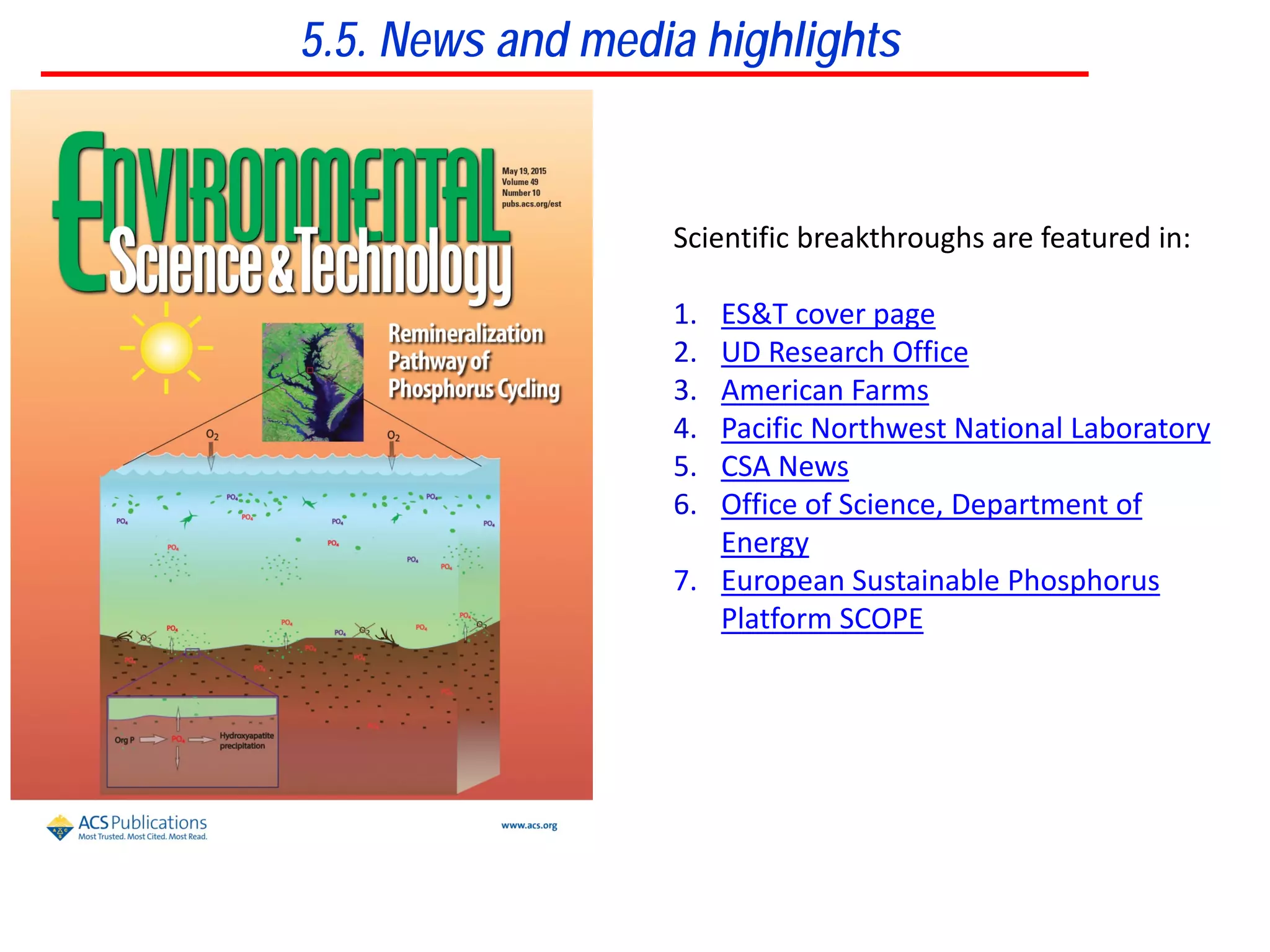Scientific breakthroughs are featured in:
1. ES&T cover page
2. UD Research Office
3. American Farms
4. Pacific Northwest National Laboratory
5. CSA News
6. Office of Science, Department of
Energy
7. European Sustainable Phosphorus
Platform SCOPE
5.5. News and media highlights
 
