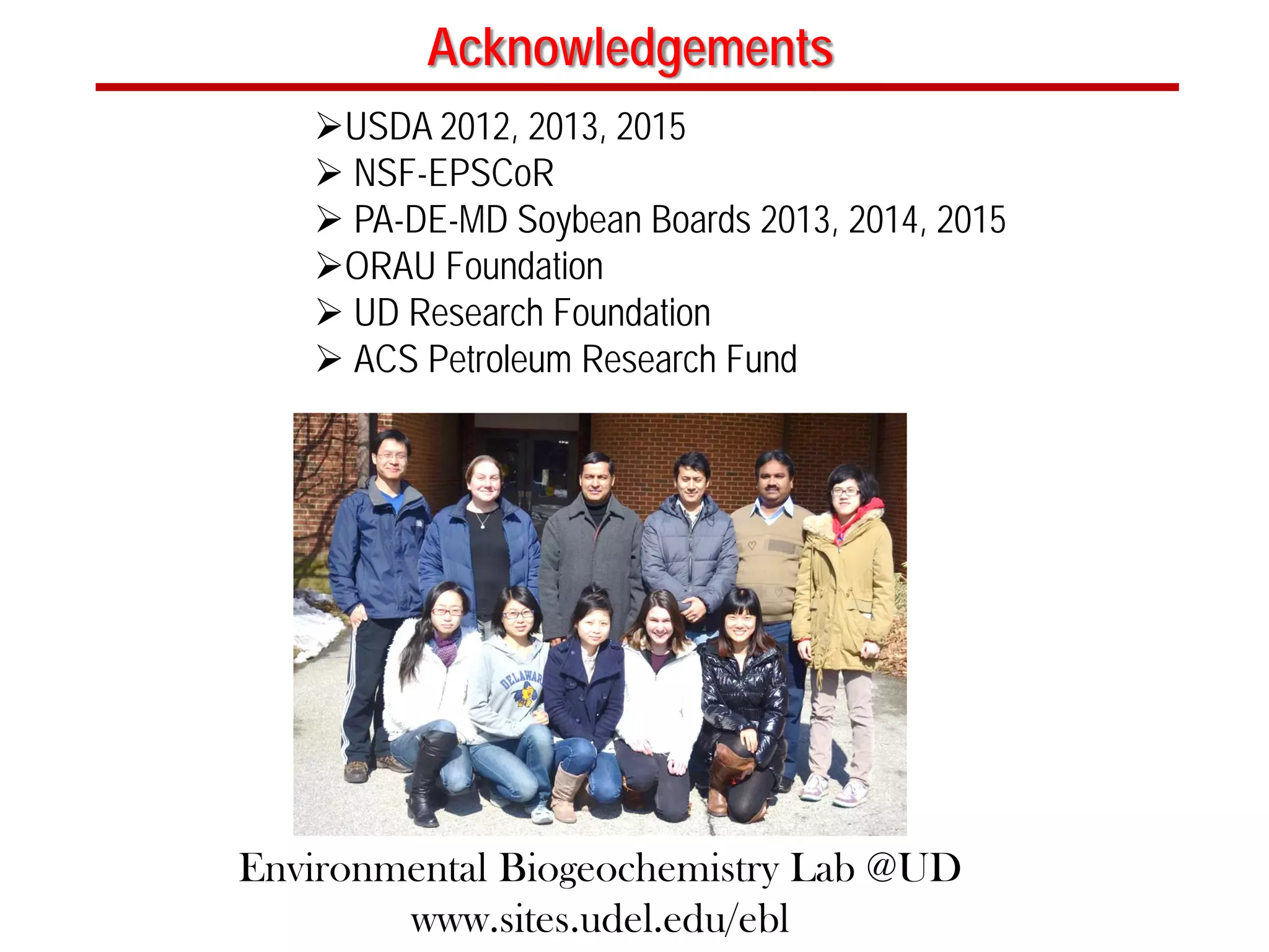 Acknowledgements
USDA 2012, 2013, 2015
 NSF-EPSCoR
 PA-DE-MD Soybean Boards 2013, 2014, 2015
ORAU Foundation
 UD Research Foundation
 ACS Petroleum Research Fund
Environmental Biogeochemistry Lab @UD
www.sites.udel.edu/ebl
 