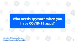 https://covid19apptracker.org
Data Last Updated: 01 August 2020
Who needs spyware when you
have COVID-19 apps?
1
 