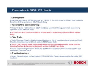 Development:-
Cycle time reduction in WIDMA Machine no. 11411 & 11516 from 48 sec to 32 sec. used for Guide
Bore Gun Drilling operation in DSLA Nozzle Body.
New machine Commissioning :-
• Retco TC 5 and TC6 machine in DSLA Soft Stage used for Drilling guide bore & seat sinking
operation in DSLA Nozzle Body.
• ACE U-Turn I & ACE U-Turn II used for 1st Side and 2nd side turning operation of CRI Injector
Body.
 Tool Trial:-
Projects done in BOSCH LTD., Nashik
2 Abteilung | 19.06.2009 | © Bosch Limited 2009. Alle Rechte vorbehalten, auch bzgl. jeder Verfügung, Verwertung, Reproduktion, Bearbeitung,
Weitergabe sowie für den Fall von Schutzrechtsanmeldungen.
 Tool Trial:-
• Trial of Grinding Wheel on DN Bahmuller Machine no. 20157 used for external grinding of Shaft,
Shoulder,Collar diameter and finish bottom of DN Nozzle Body.
• Trial of CBN Grinding Wheel on pre-finish station on DN Supfina Machine No.20356 used for
Grinding Top face & maintaining seat depth w.r.t top for DN X Hard Body.
• Trial of face Grinding Wheel on Bahmuller B23 Machine 20536 of CRI CKD area used for face
Grinding of CRI Valve piece.
Trouble shooting:-
• Defect Cause Analysis for Seat defect of CRI CKD Valve Piece manufactured in Bahmuller B23
machine.
 