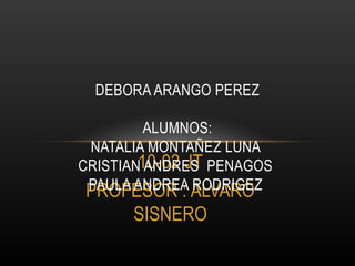 10-02 JT
PROFESOR : ALVARO
SISNERO
DEBORA ARANGO PEREZ
ALUMNOS:
NATALIA MONTAÑEZ LUNA
CRISTIAN ANDRES PENAGOS
PAULA ANDREA RODRIGEZ
 