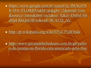  https://www.google.com.br/search?q=IMAGEN
S+DA+FLORIDA&hl=pt&gbv=2&prmd=ivns
&source=lnms&tbm=isch&sa=X&ei=Dn0xU6S
dHpLRkQe63IEw&ved=0CAUQ_AU
 http://pt.wikipedia.org/wiki/Fl%C3%B3rida
 http://www.gazetadebebedouro.com.br/gb/cultiv
o-de-laranja-na-florida-esta-ameacado-pelo-frio/
 