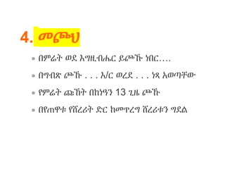 4. መጮህ
 በምሬት ወደ እግዚብሔር ይጮኹ ነበር….
 በግብጽ ጮኹ . . . እ/ር ወረደ . . . ነጻ አወጣቸው
 የምሬት ጩኸት በከነዓን 13 ጊዜ ጮኹ
 በየጠዋቱ የሸረሪት ድር ከመጥረግ ሸረሪቱን ግደል
 