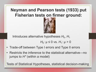 12
Neyman and Pearson tests (1933) put
Fisherian tests on firmer ground:
Introduces alternative hypotheses H0, H1
H0: μ ≤ 0 vs. H1: μ > 0
• Trade-off between Type I errors and Type II errors
• Restricts the inference to the statistical alternative—no
jumps to H* (within a model)
Tests of Statistical Hypotheses, statistical decision-making
 