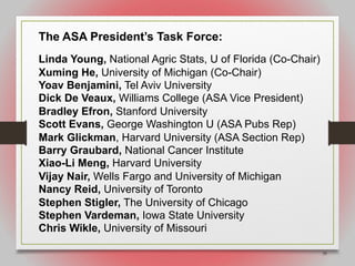 39
The ASA President’s Task Force:
Linda Young, National Agric Stats, U of Florida (Co-Chair)
Xuming He, University of Michigan (Co-Chair)
Yoav Benjamini, Tel Aviv University
Dick De Veaux, Williams College (ASA Vice President)
Bradley Efron, Stanford University
Scott Evans, George Washington U (ASA Pubs Rep)
Mark Glickman, Harvard University (ASA Section Rep)
Barry Graubard, National Cancer Institute
Xiao-Li Meng, Harvard University
Vijay Nair, Wells Fargo and University of Michigan
Nancy Reid, University of Toronto
Stephen Stigler, The University of Chicago
Stephen Vardeman, Iowa State University
Chris Wikle, University of Missouri
 