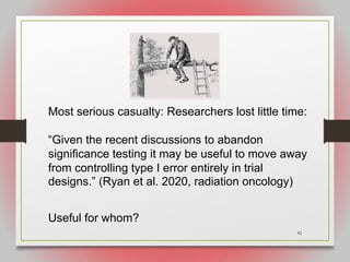 42
Most serious casualty: Researchers lost little time:
“Given the recent discussions to abandon
significance testing it may be useful to move away
from controlling type I error entirely in trial
designs.” (Ryan et al. 2020, radiation oncology)
Useful for whom?
 
