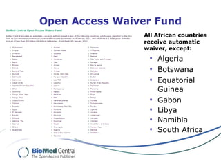 Open Access Waiver Fund All African countries receive automatic waiver, except: Algeria Botswana Equatorial Guinea Gabon Libya  Namibia South Africa 