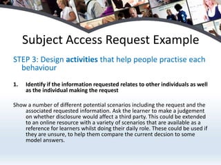 Subject Access Request Example
STEP 3: Design activities that help people practise each
  behaviour
1.   Identify if the information requested relates to other individuals as well
     as the individual making the request

Show a number of different potential scenarios including the request and the
    associated requested information. Ask the learner to make a judgement
    on whether disclosure would affect a third party. This could be extended
    to an online resource with a variety of scenarios that are available as a
    reference for learners whilst doing their daily role. These could be used if
    they are unsure, to help them compare the current decsion to some
    model answers.
 