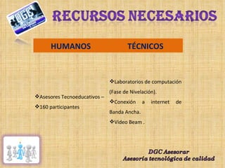 HUMANOS TÉCNICOS Asesores Tecnoeducativos – 160 participantes Laboratorios de computación (Fase de Nivelación). Conexión a internet de Banda Ancha. Video Beam . 