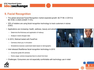 22
9. Facial Recognition
• The global advanced Facial Recognition market expected growth: $2.77 Bil. in 2015 to
$6.19 Bil....