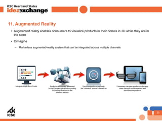 25
11. Augmented Reality
• Augmented reality enables consumers to visualize products in their homes in 3D while they are i...