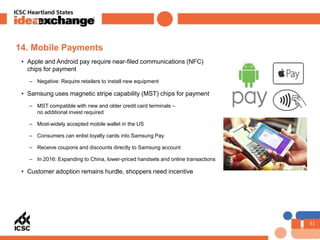 31
14. Mobile Payments
• Apple and Android pay require near-filed communications (NFC)
chips for payment
– Negative: Requi...