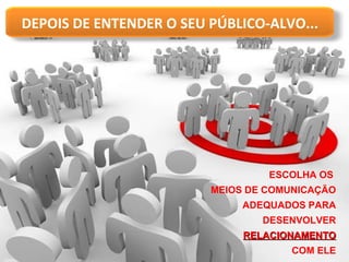 ESCOLHA OS  MEIOS DE COMUNICAÇÃO ADEQUADOS PARA DESENVOLVER  RELACIONAMENTO COM ELE DEPOIS DE ENTENDER O SEU PÚBLICO-ALVO... 