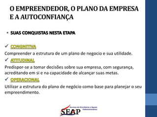 O EMPREENDEDOR,O PLANO DA EMPRESA
E A AUTOCONFIANÇA
Compreender a estrutura de um plano de negocio e sua utilidade.
Predispor-se a tomar decisões sobre sua empresa, com segurança,
acreditando em si e na capacidade de alcançar suas metas.
Utilizar a estrutura do plano de negócio como base para planejar o seu
empreendimento.
 