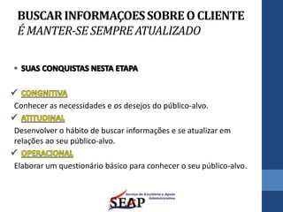 BUSCARINFORMAÇOESSOBREO CLIENTE
É MANTER-SESEMPREATUALIZADO
Conhecer as necessidades e os desejos do público-alvo.
Desenvolver o hábito de buscar informações e se atualizar em
relações ao seu público-alvo.
Elaborar um questionário básico para conhecer o seu público-alvo.
 