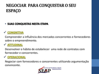 NEGOCIAR PARACONQUISTARO SEU
ESPAÇO
Compreender a influência dos mercados concorrentes e fornecedores
sobre o empreendimento.
Desenvolver o hábito de estabelecer uma rede de contratos com
fornecedor e concorrentes.
Negociar com fornecedores e concorrentes utilizando argumentação
convincente.
 