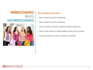 17
WEBROOMING
BEATS
SHOWROOMING
Why Shoppers webroom?
•  Don’t want to pay for shipping
•  Don’t want to wait for delivery
•  Like to touch and feel a product before they buy
•  Like to ask store to match better prices found online
•  Like the option to return to store if needed
 