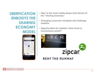 35
UBERFICATION
ENBODYS THE
SHARING
ECONOMY
MODEL
•  Uber is the most visible player (and driver) of
the “sharing economy”
•  Changing consumer mindsets will challenge
retailers
•  Opportunities for retailers: How much is
convenience worth?
 