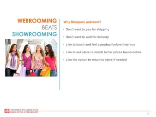 17
WEBROOMING
BEATS
SHOWROOMING
Why Shoppers webroom?
•  Don’t want to pay for shipping
•  Don’t want to wait for delivery...