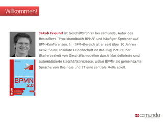 Willkommen!
Jakob Freund ist Geschäftsführer bei camunda, Autor des
Bestsellers "Praxishandbuch BPMN" und häufiger Sprecher auf
BPM-Konferenzen. Im BPM-Bereich ist er seit über 10 Jahren
aktiv. Seine absolute Leidenschaft ist das 'Big Picture' der
Skalierbarkeit von Geschäftsmodellen durch klar definierte und
automatisierte Geschäftsprozesse, wobei BPMN als gemeinsame
Sprache von Business und IT eine zentrale Rolle spielt.
 