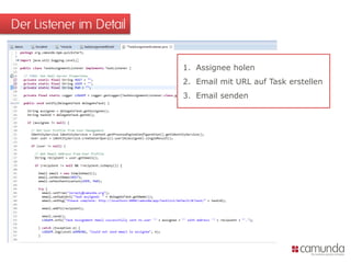 Der Listener im Detail
1. Assignee holen
2. Email mit URL auf Task erstellen
3. Email senden
 