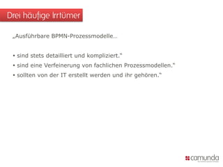 „Ausführbare BPMN-Prozessmodelle…
 sind stets detailliert und kompliziert.“
 sind eine Verfeinerung von fachlichen Prozessmodellen.“
 sollten von der IT erstellt werden und ihr gehören.“
Drei häufige Irrtümer
 