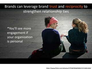 Brands can leverage brand trust and reciprocity to strengthen relationship ties*You’ll see more engagement if your organization is personalhttp://www.flickr.com/photos/57038784@N00/2215481444/