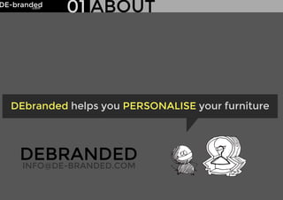 DE-branded
.com

01 ABOUT

DEbranded helps you PERSONALISE your furniture

DEBRANDED
INFO@DE-BRANDED.COM

 