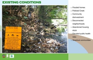 EXISTING CONDITIONS
o Flooded homes
o Polluted Creek
o Community
disinvestment
o Disconnected
neighborhoods
o Abandoned housing
stock
o Elevated public health
risks
o Skeptical communities
 