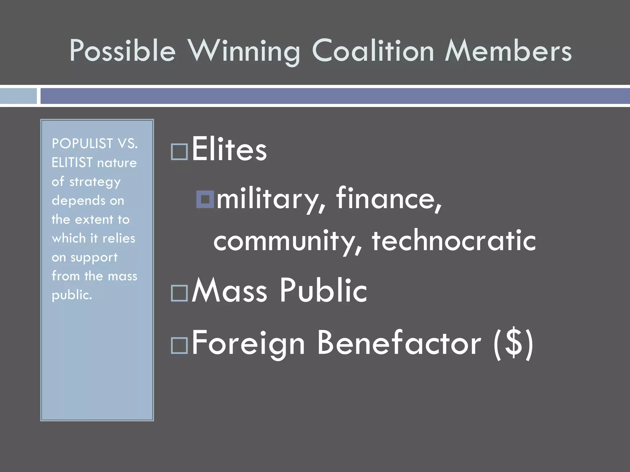 Possible Winning Coalition Members

POPULIST VS.
ELITIST nature       Elites
of strategy
depends on            military,
                               finance,
the extent to
which it relies
on support
                       community, technocratic
from the mass
public.            Mass Public
                   Foreign Benefactor ($)
 