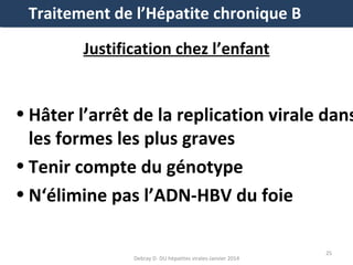 Traitement de l’Hépatite chronique B
Justification chez l’enfant

• Hâter l’arrêt de la replication virale dans
les formes les plus graves
• Tenir compte du génotype
• N‘élimine pas l’ADN-HBV du foie
Debray D- DU hépatites virales-Janvier 2014

25

 