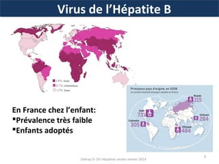 Virus de l’Hépatite B

En France chez l’enfant:
Prévalence très faible
Enfants adoptés

Debray D- DU hépatites virales-Janvier 2014

4

 