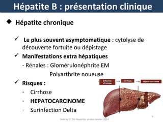 Hépatite B : présentation clinique
 Hépatite chronique
 Le plus souvent asymptomatique : cytolyse de
découverte fortuite ou dépistage
 Manifestations extra hépatiques
- Rénales : Glomérulonéphrite EM
Polyarthrite noueuse
 Risques :
- Cirrhose
- HEPATOCARCINOME
- Surinfection Delta
Debray D- DU hépatites virales-Janvier 2014

9

 