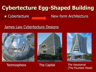 Cybertecture Egg-Shaped Building
 Cybertecture New form Architecture
James Law Cybertecture Designs
Technosphere The Capital The Vasukamal
(The Fountain Head)
 