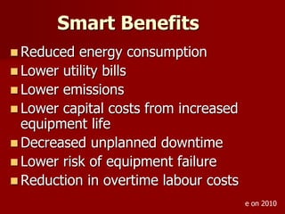  Reduced energy consumption
 Lower utility bills
 Lower emissions
 Lower capital costs from increased
equipment life
 Decreased unplanned downtime
 Lower risk of equipment failure
 Reduction in overtime labour costs
Smart Benefits
e on 2010
 