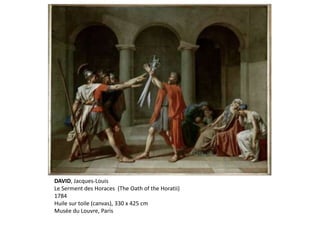 DAVID, Jacques-Louis
Le Serment des Horaces (The Oath of the Horatii)
1784
Huile sur toile (canvas), 330 x 425 cm
Musée du Louvre, Paris
 