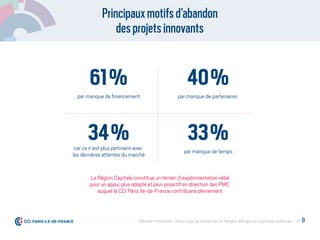 Principauxmotifsd’abandon
desprojetsinnovants
61% 40%
34% 33%
par manque de ﬁnancement par manque de partenaires
car ce n’est plus pertinent avec
les dernières attentes du marché
par manque de temps
La Région Capitale constitue un terrain d’expérimentation idéal
pour un appui plus adapté et plus proactif en direction des PME,
auquel la CCI Paris Ile-de-France contribuera pleinement.
P. 8Débrider l’innovation : enjeux pour les entreprises et l'emploi, déﬁ pour les politiques publiques
 